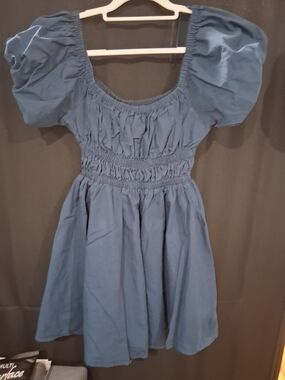 Aqua Navy Puff-Sleeve Smocked Mini Dress